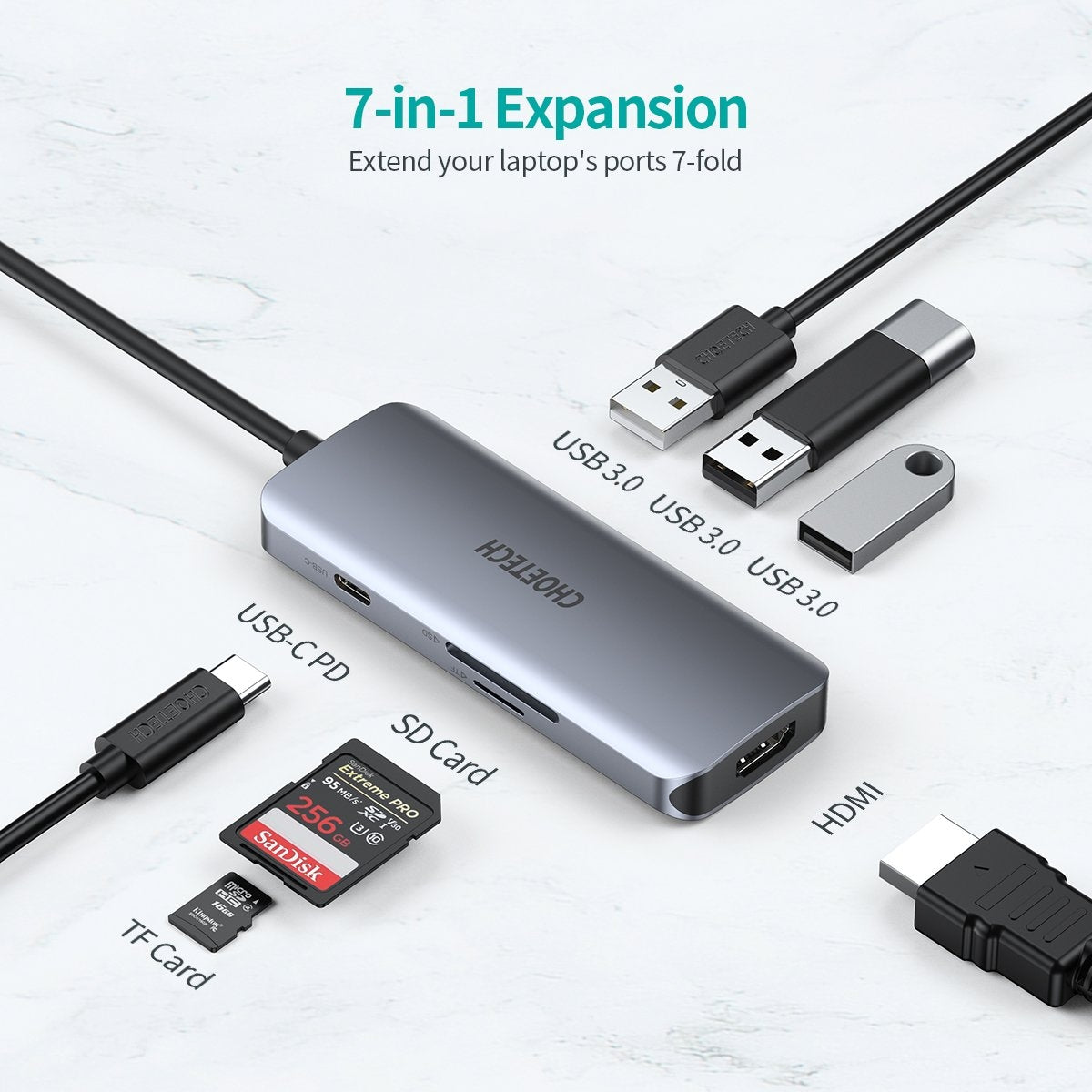 CHOETECH HUB-M19 USB-C 7-in-1 Multiport Hub and HDMI Adapter