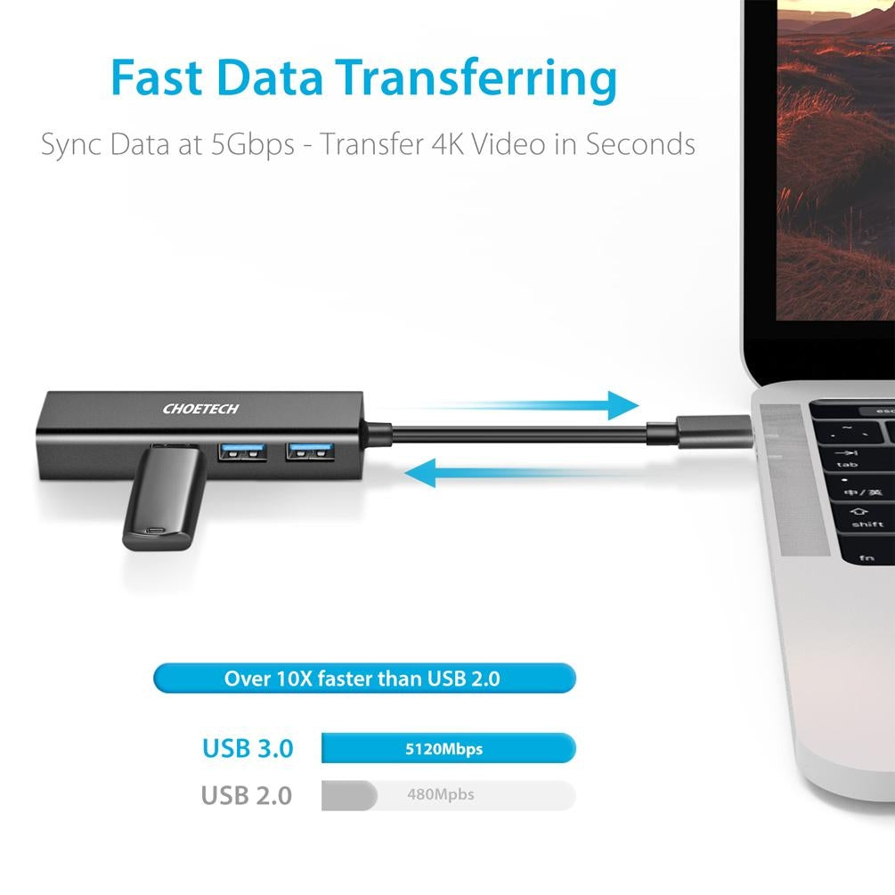 CHOETECH USB-C to Gigabit Ethernet Multiport Hub with 3 USB 3.0 Ports