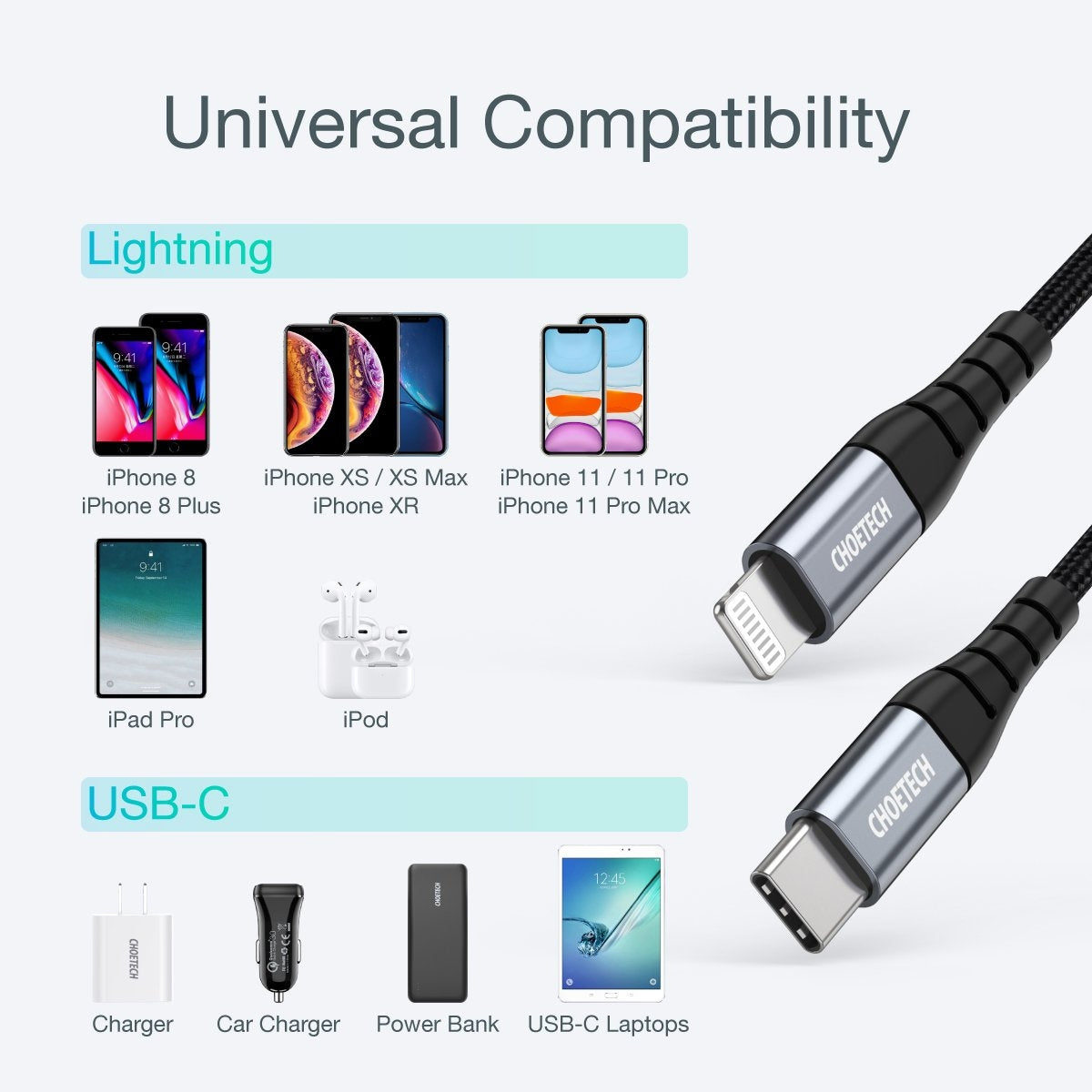 CHOETECH 1.2M USB-C to MFi Certified Charging Cable for iPhone and iPad