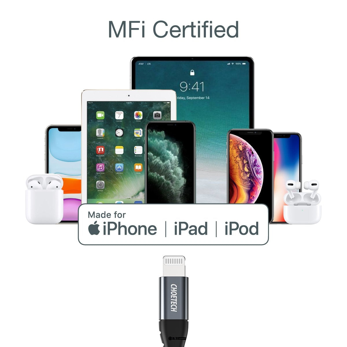 CHOETECH 1.2M USB-C to MFi Certified Charging Cable for iPhone and iPad