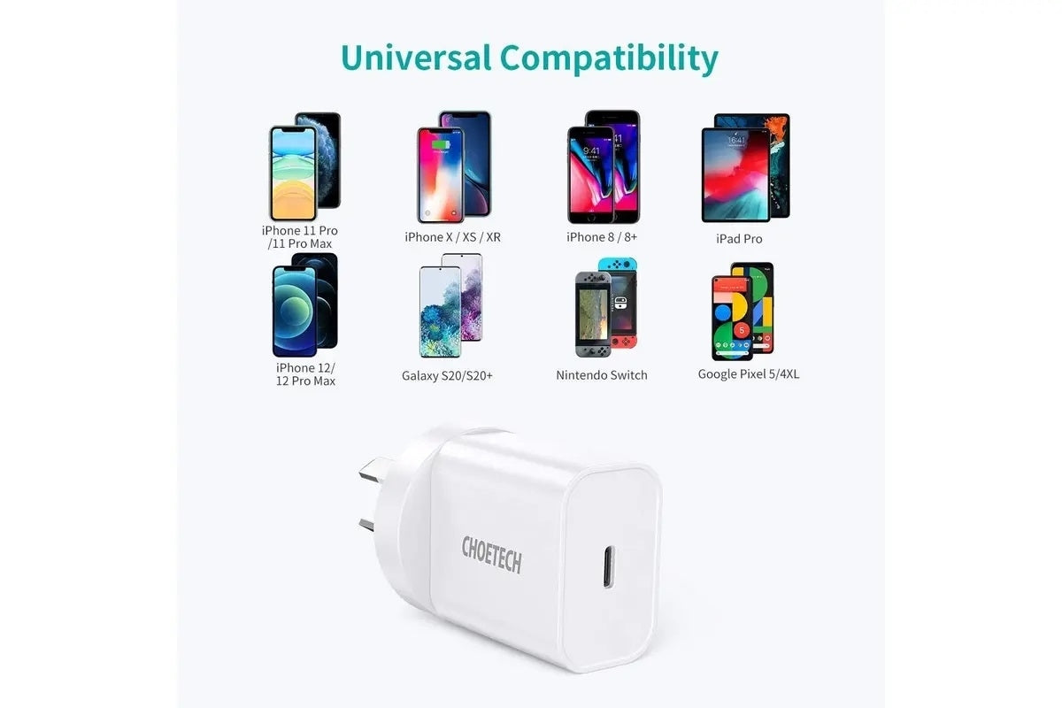 CHOETECH 20W USB-C PD Charger Adapter Twin Pack - White