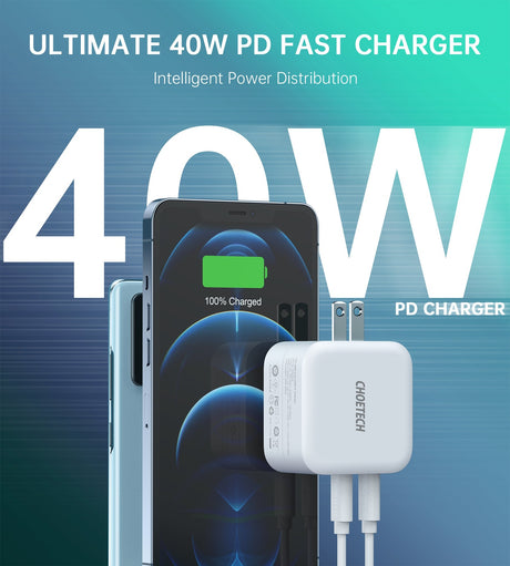 Choetech 40W Dual USB C Fast Charger with Foldable Plug - 2-Port 20W PD 3.0 Adapter