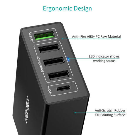 CHOETECH 5-Port 60W USB-C PD and QC 3.0 Fast Charger with Smart Charging Ports