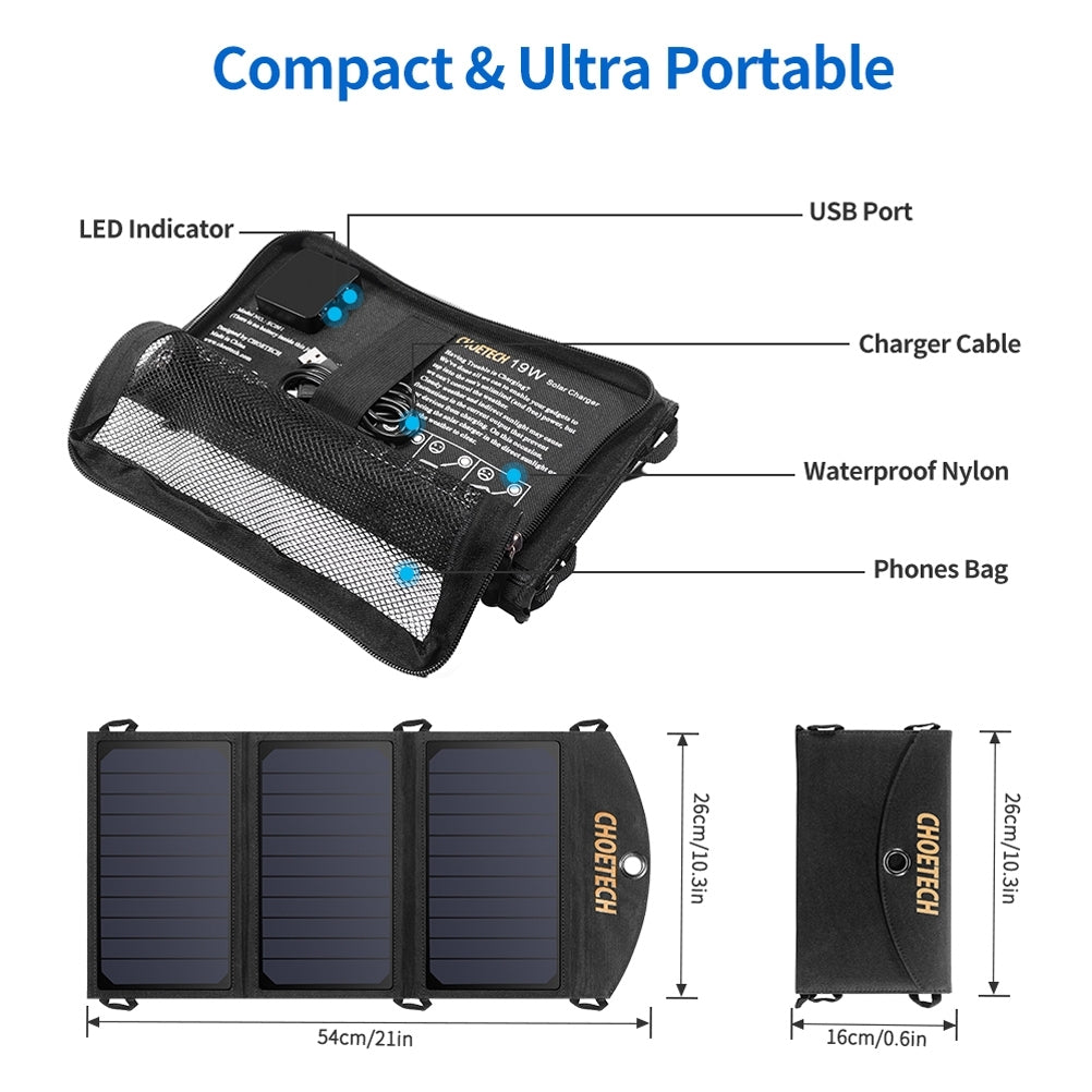 CHOETECH SC001 19W Dual USB Solar Charger - Lightweight SunPower Panel for Camping and Outdoor Adventures