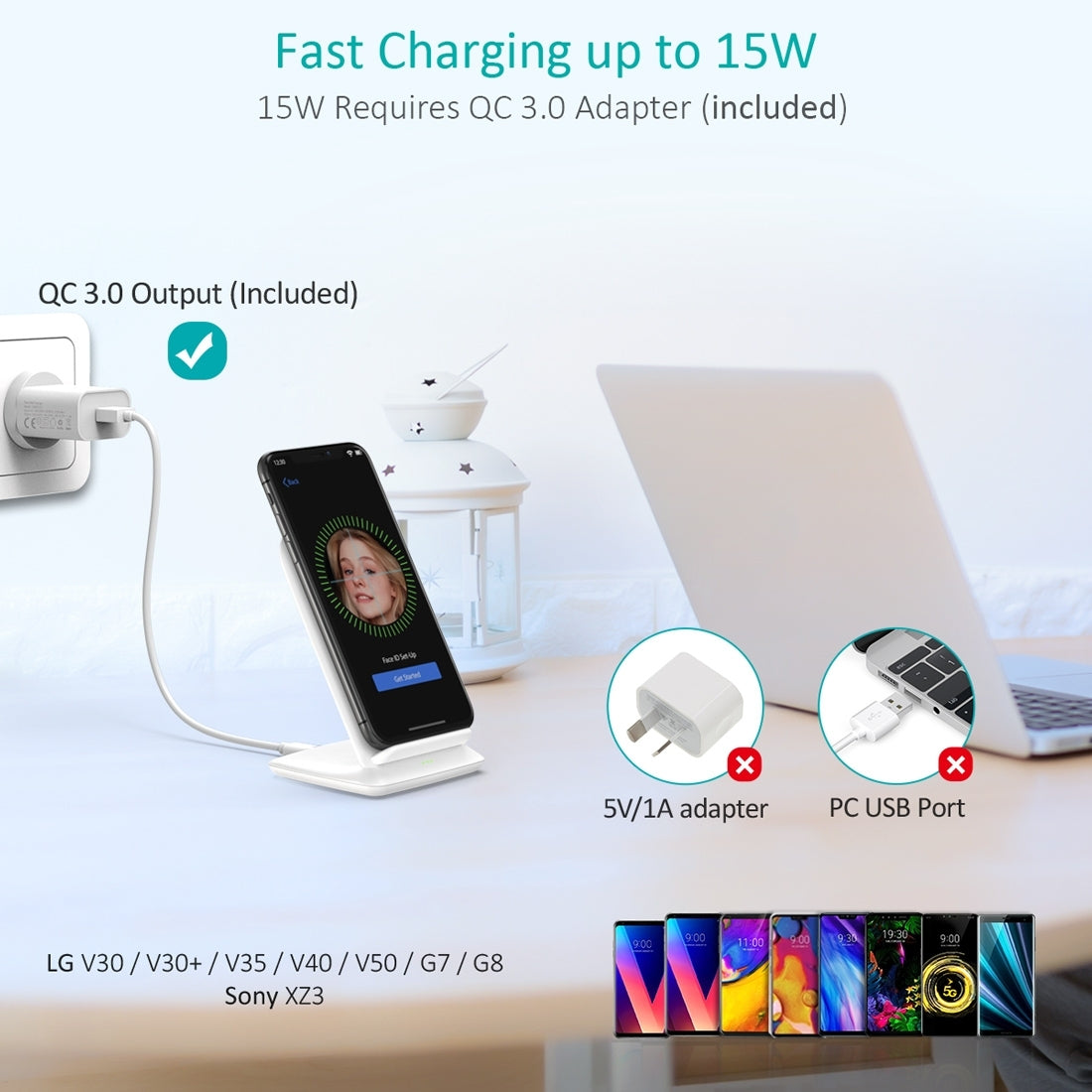 CHOETECH T555-F 15W Fast Wireless Charging Stand with AC Adapter (White)