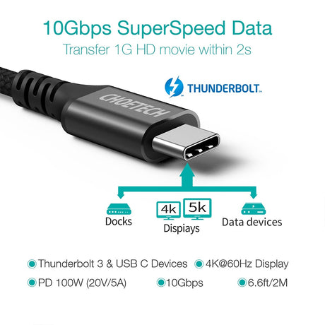 CHOETECH XCC-1007 100W USB-C Braided Fast Charge Cable (20V 5A, 2M)