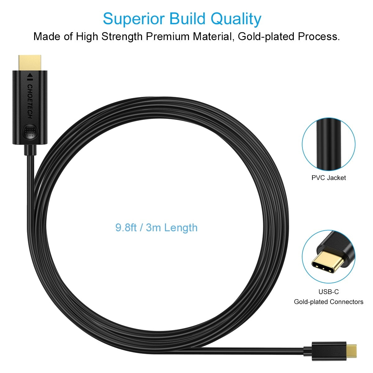 CHOETECH 10ft USB-C to HDMI Cable - 4K Support and Ultra Sturdy Design