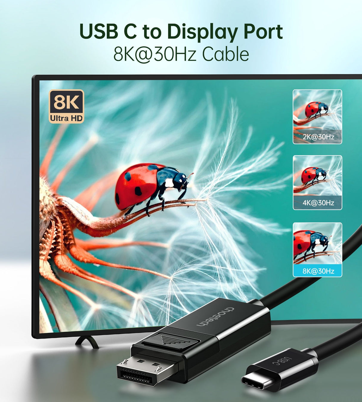 CHOETECH 8K USB-C to DisplayPort Cable - 1.8M, Two-Way Transmission, 30Hz Refresh Rate