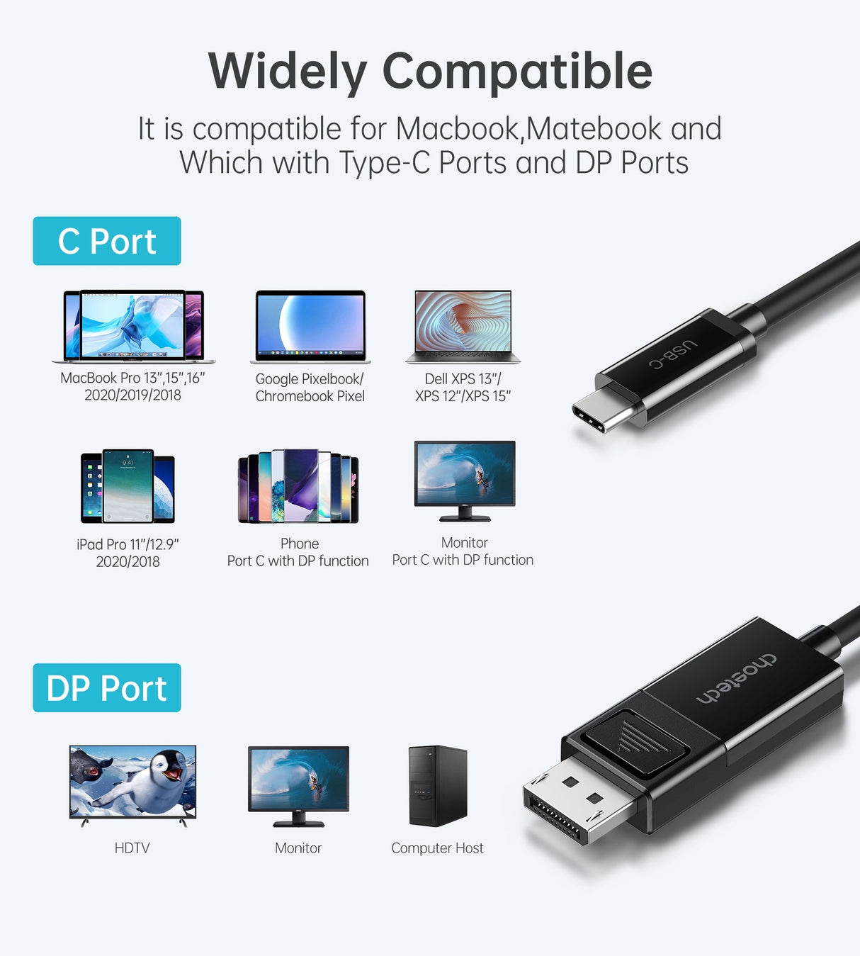 CHOETECH 8K USB-C to DisplayPort Cable - 1.8M, Two-Way Transmission, 30Hz Refresh Rate