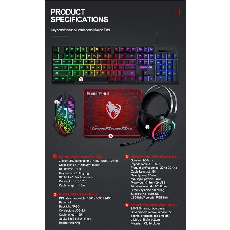 T-Wolf TF400 Ultimate RGB Gaming Set: Keyboard, Mouse, Headset & Mouse Pad Bundle