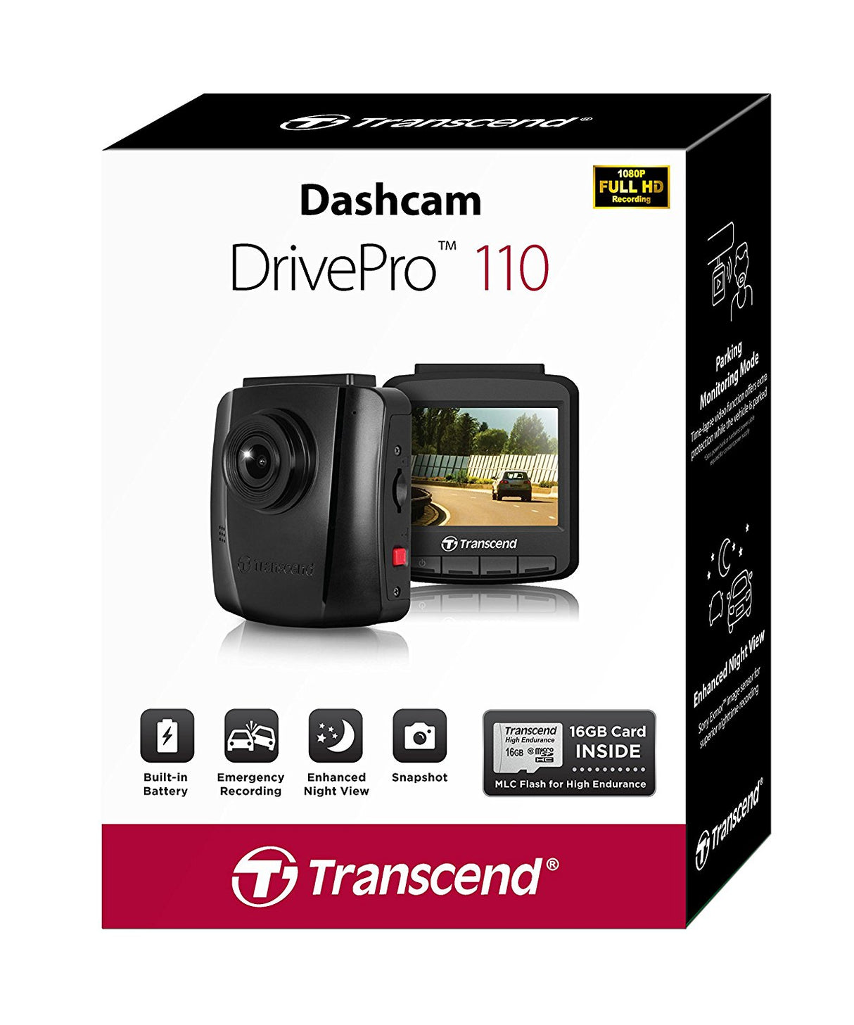 Transcend DrivePro 110 Dashcam with 16GB Storage and 2.4" LCD Display