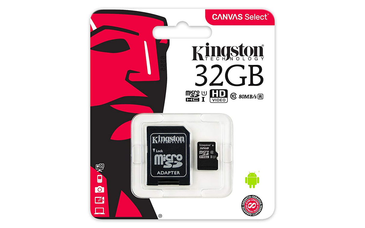 KINGSTON Canvas Select 32GB MicroSD Card with SD Adapter - 80MB/s Read Speed for HD Filming and High-Resolution Photos