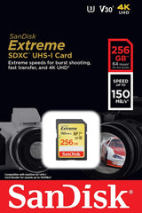 SanDisk 256GB Extreme SDXC UHS-I Memory Card - 150MB/s Read, 70MB/s Write, V30, U3, CL10