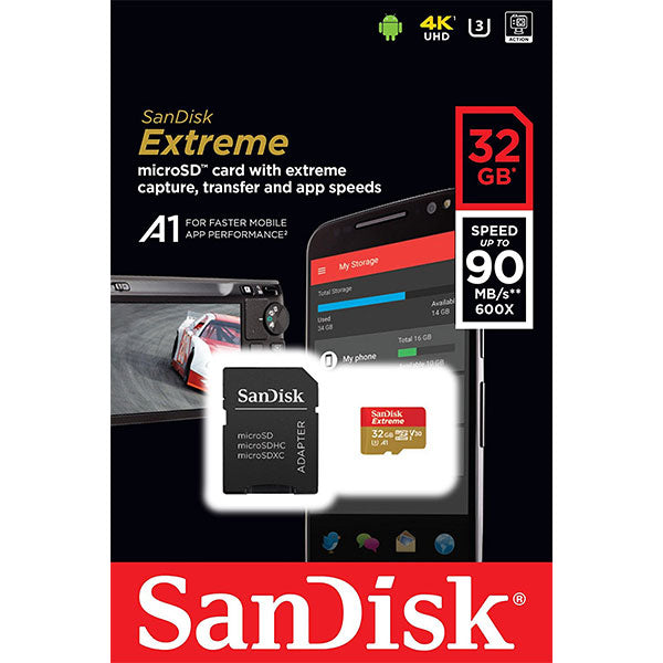 SanDisk Extreme 32GB microSDHC Card - A1 V30 UHS-I/U3, 100MB/s Speed, No Adapter Included