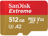 SanDisk Extreme 512GB MicroSDXC A2 V30 UHS-I Card with Adapter - 160MB/s Read, 90MB/s Write, 4K UHD Ready