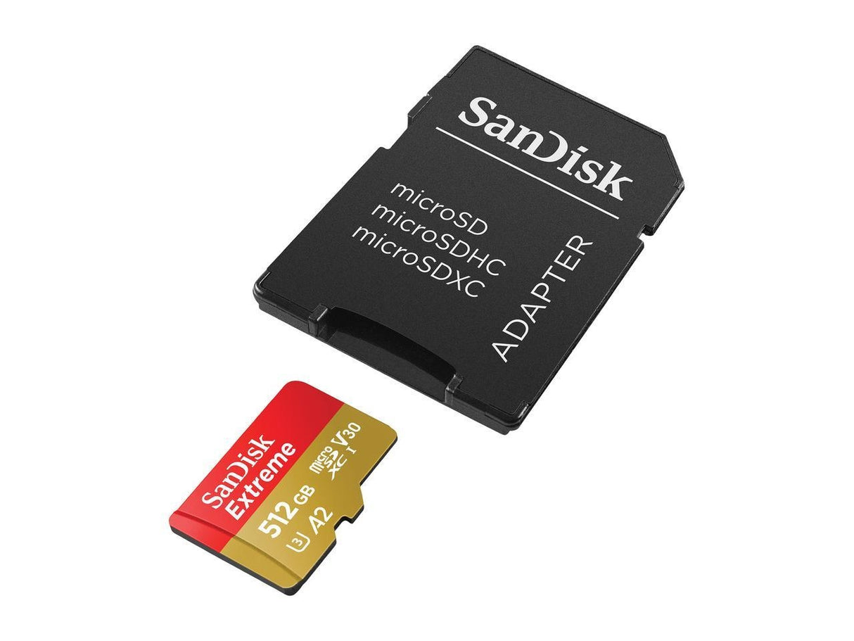 SanDisk Extreme 512GB MicroSDXC A2 V30 UHS-I Card with Adapter - 160MB/s Read, 90MB/s Write, 4K UHD Ready