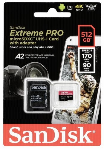 SanDisk Extreme PRO 512GB MicroSDXC Card with Adapter - A2 V30 UHS-I/U3 170MB/s Read Speed