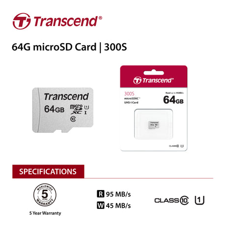 Transcend 64GB UHS-I U1 microSD Card (Without Adapter) - Fast Performance for Apps and Data Storage