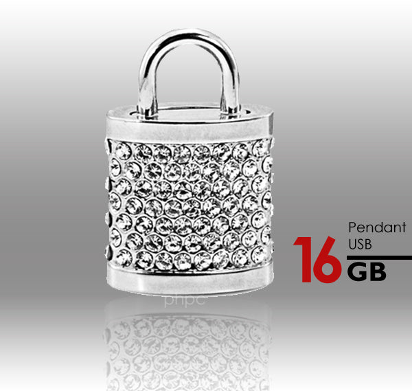 Silver Crystal Lock Pendant USB Flash Drive 16GB with Chain