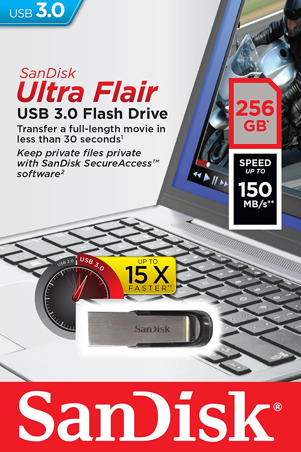 SanDisk Ultra Flair 256GB USB 3.0 Flash Drive - Lightning Fast Transfers up to 150MB/s