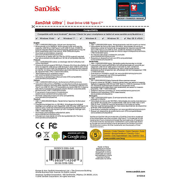 SanDisk Ultra 256GB Dual USB 3.1 Type-C Flash Drive - SDDDC2-256G