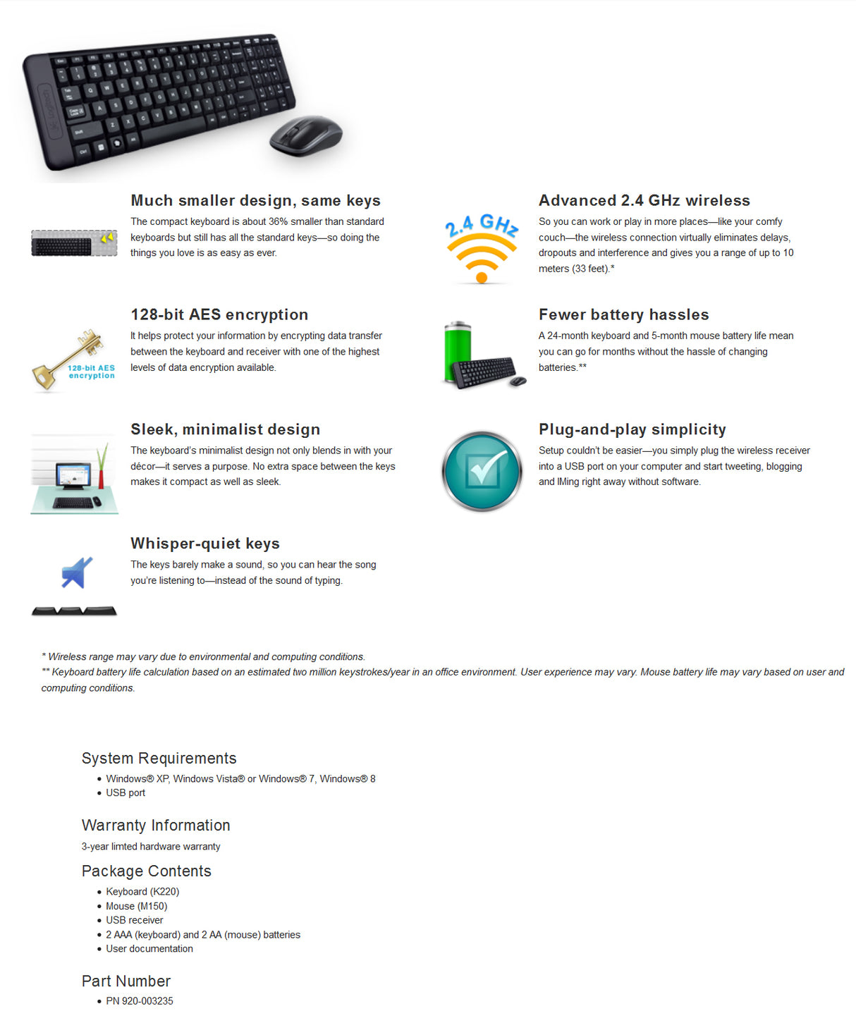 Logitech MK220 Slim Wireless Keyboard and Mouse Combo (920-003235)