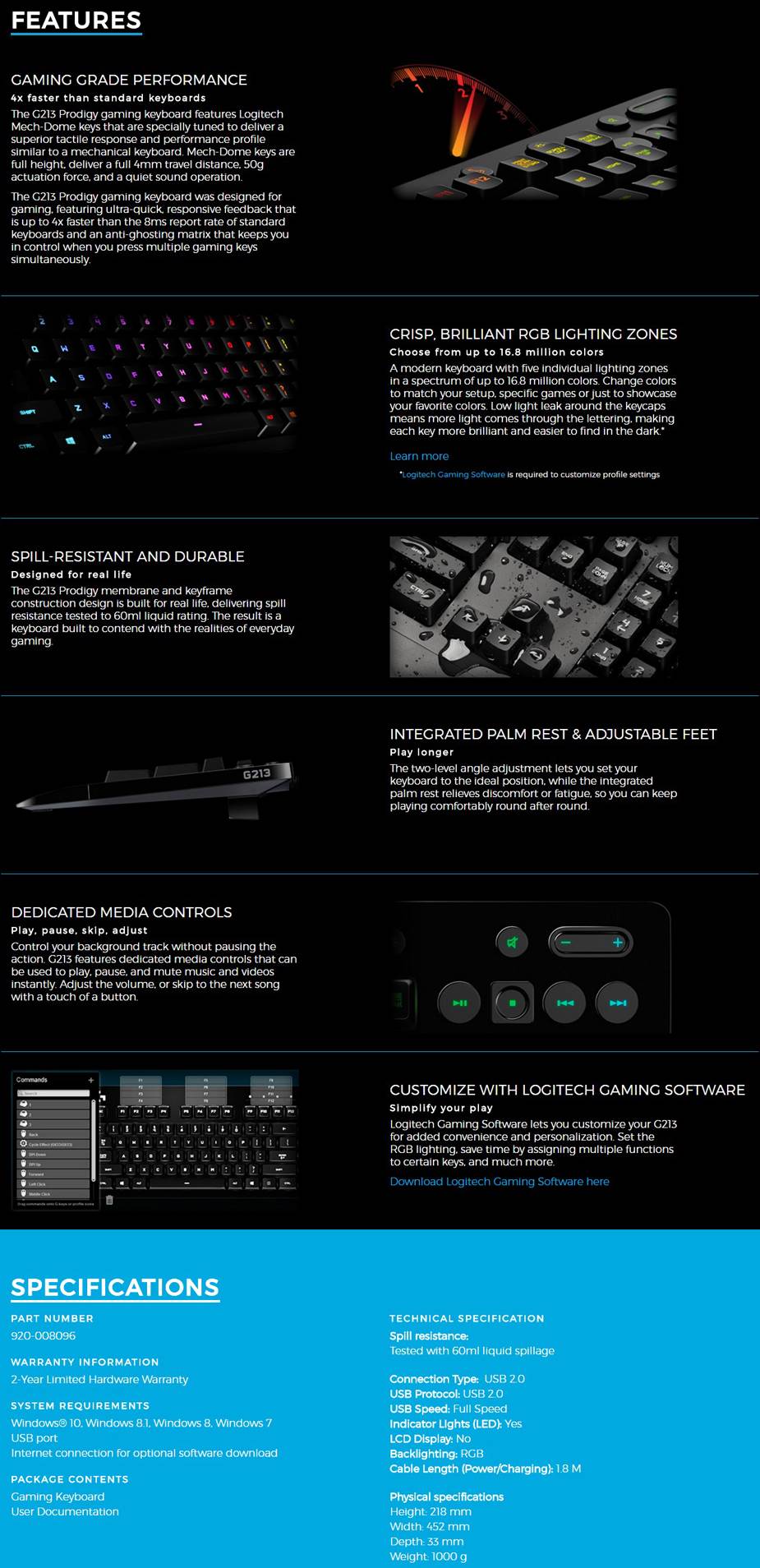 Logitech G213 Prodigy RGB Gaming Keyboard with Mech-Dome Keys and Media Controls