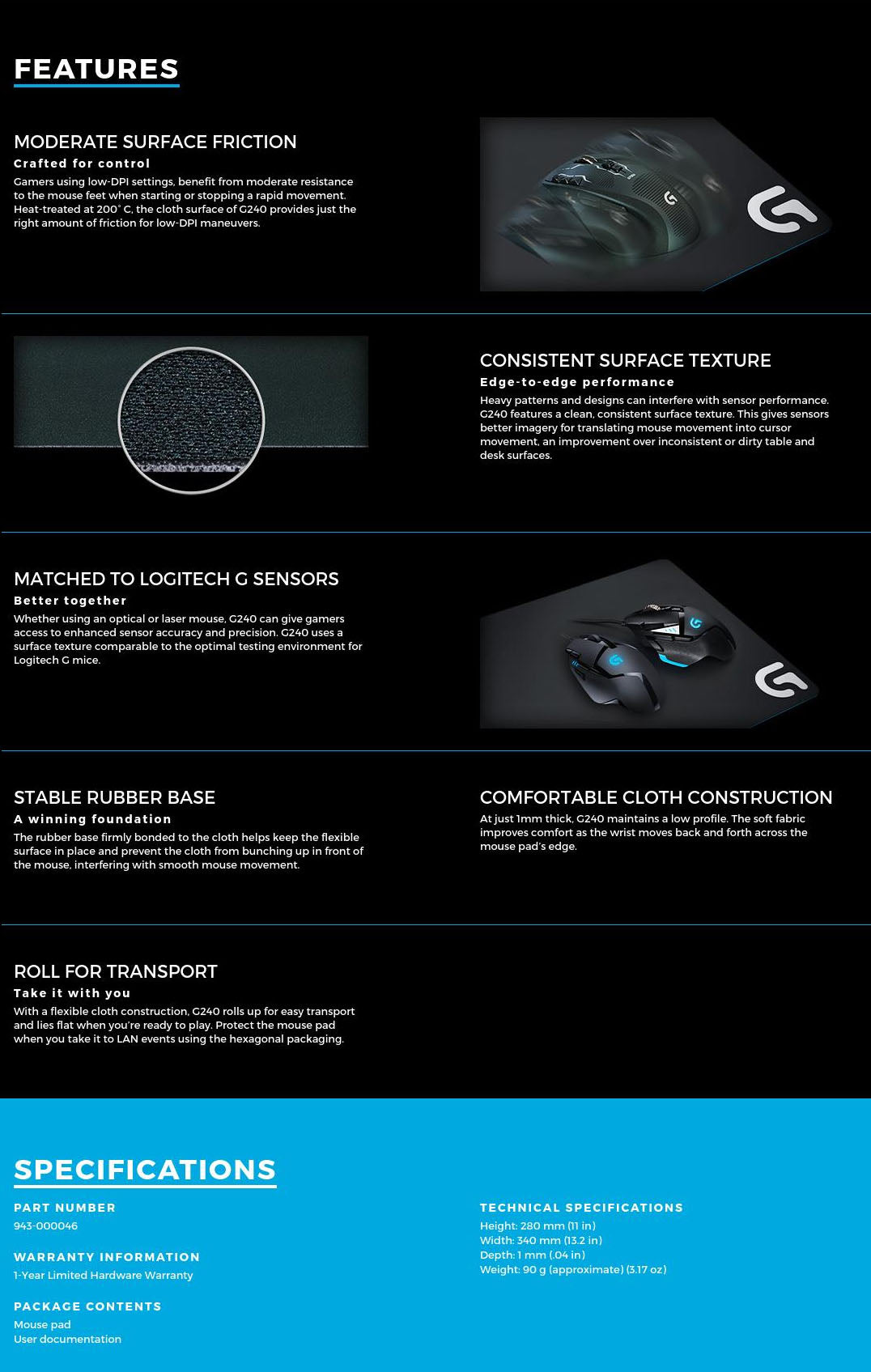 Logitech G240 Premium Cloth Gaming Mouse Pad for Precision Control