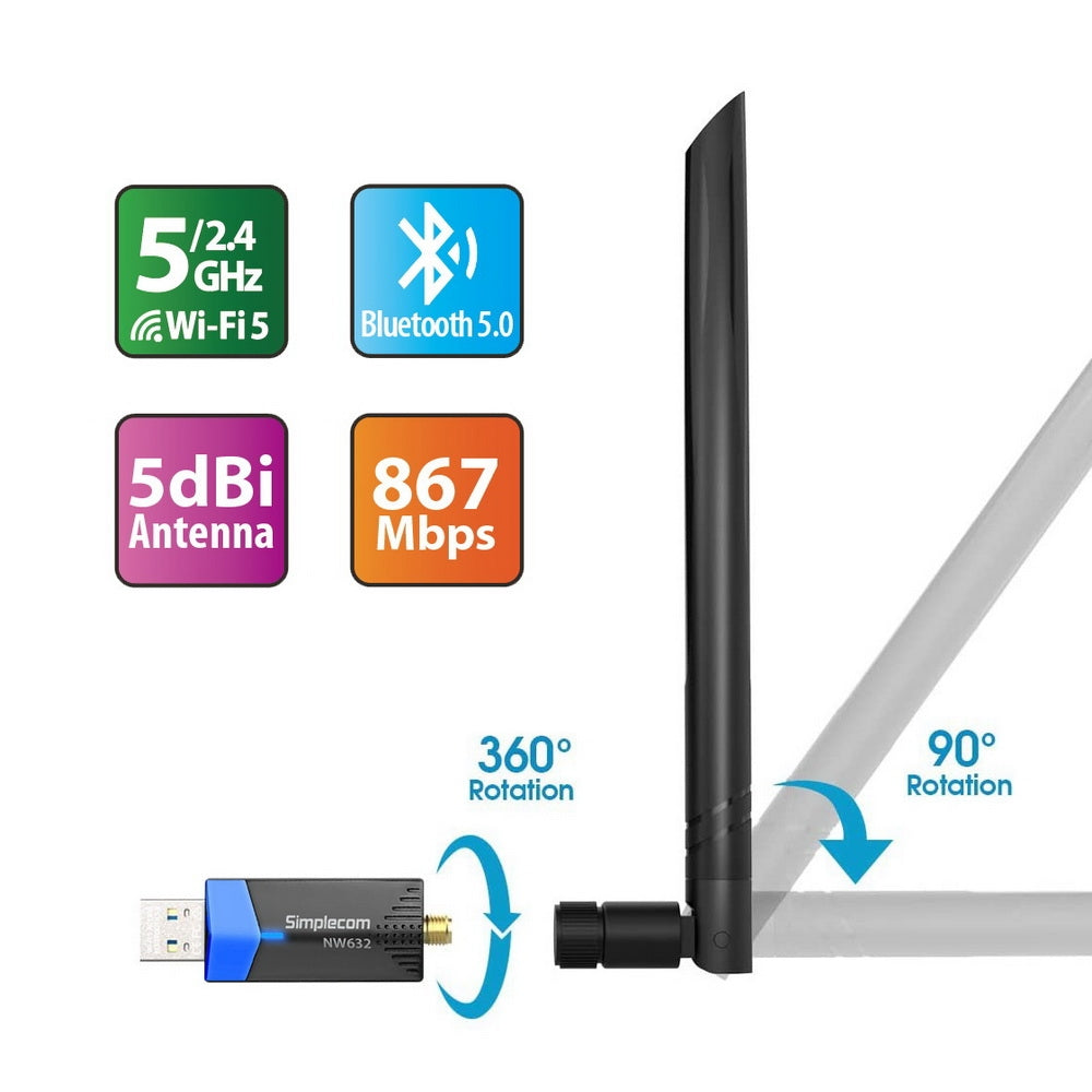 Dual Band AC1200 Wi-Fi 5 & Bluetooth 5.0 USB Adapter with High Gain Antenna