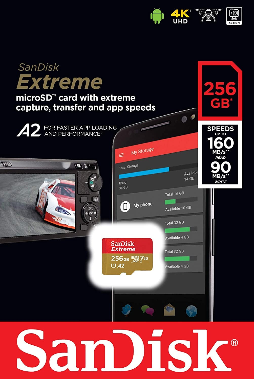 SanDisk Extreme 256GB MicroSDXC UHS-I Card A2 V30 160MB/s Read 90MB/s Write (No Adapter)