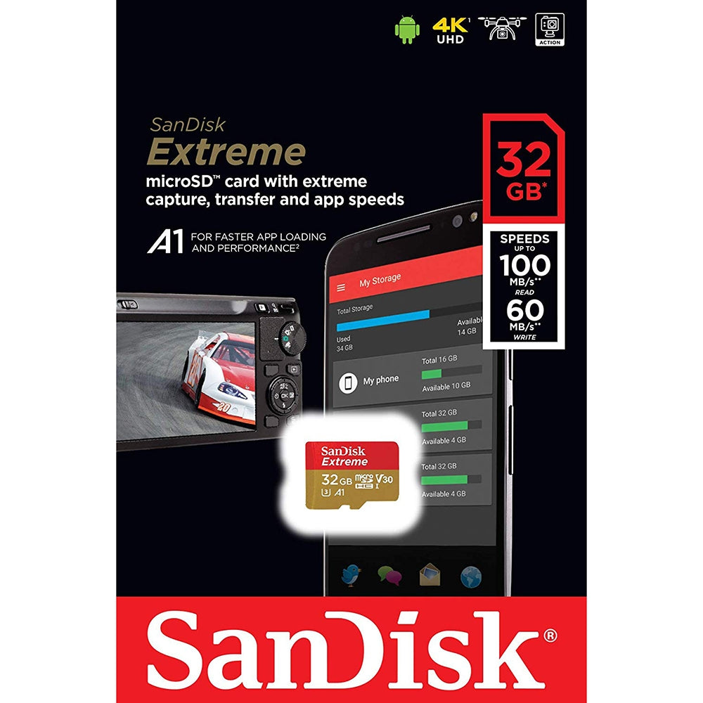 SanDisk 32GB Extreme A1 V30 Micro SDHC Card - UHS-I/U3, 100MB/s, No Adapter Included