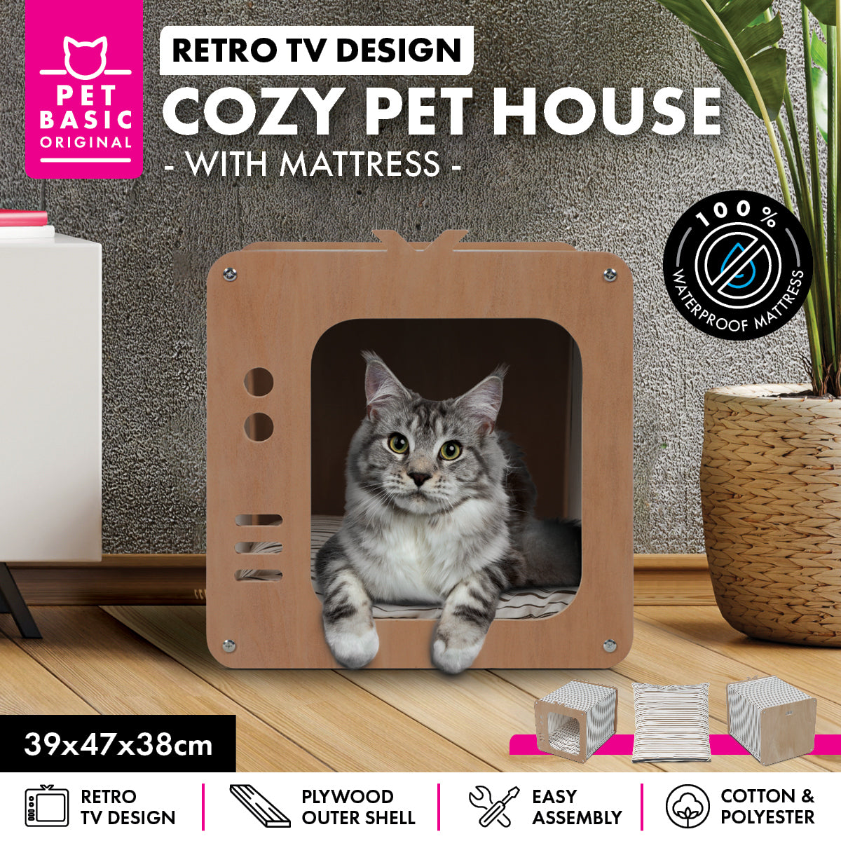 Retro TV-Inspired Cozy Cat House with Waterproof Mattress - 39 x 47 x 38cm