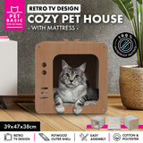 Retro TV-Inspired Cozy Cat House with Waterproof Mattress - 39 x 47 x 38cm - Front View