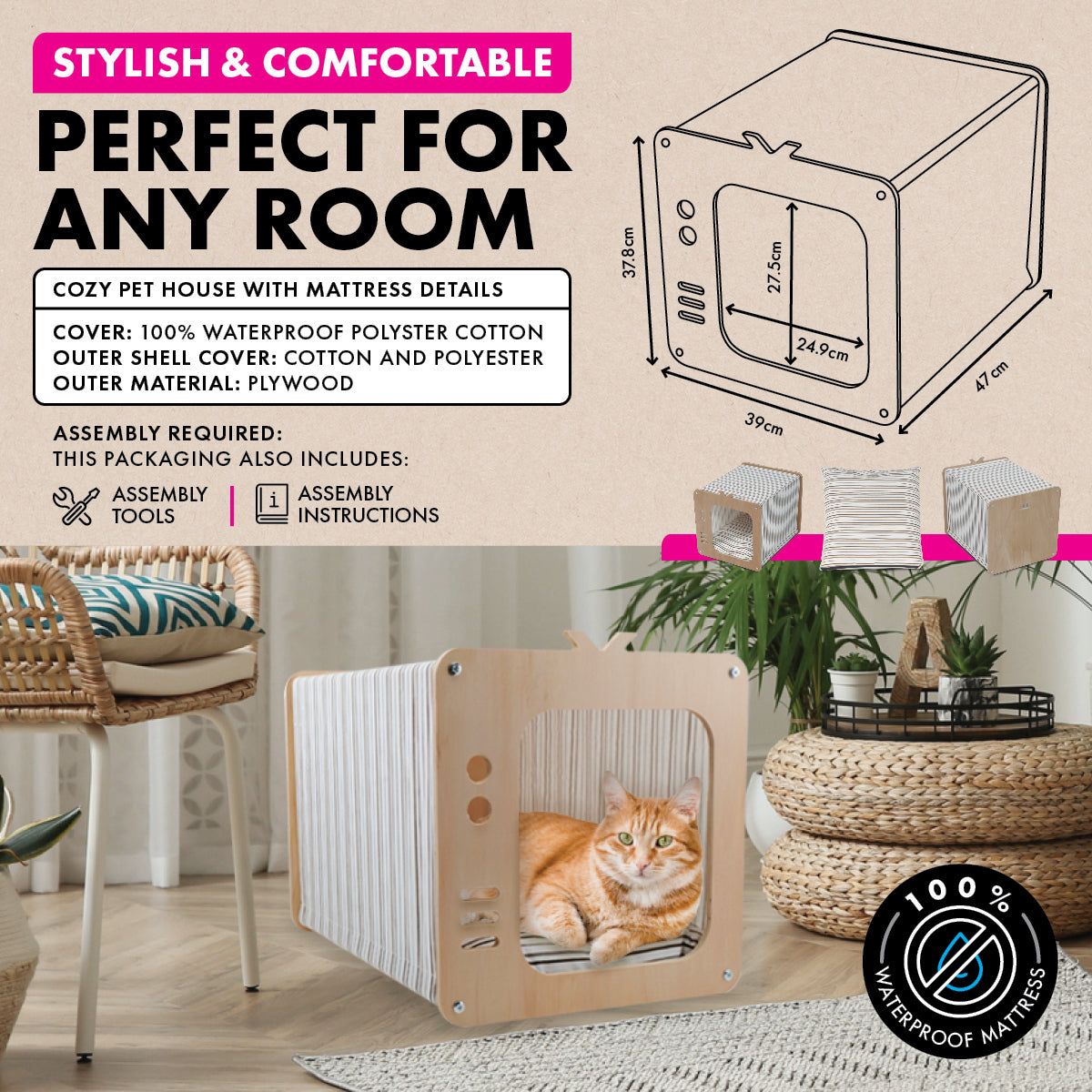 Retro TV-Inspired Cozy Cat House with Waterproof Mattress - 39 x 47 x 38cm