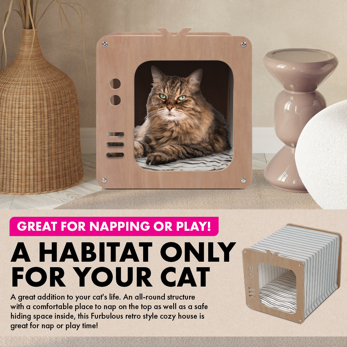 Retro TV-Inspired Cozy Cat House with Waterproof Mattress - 39 x 47 x 38cm