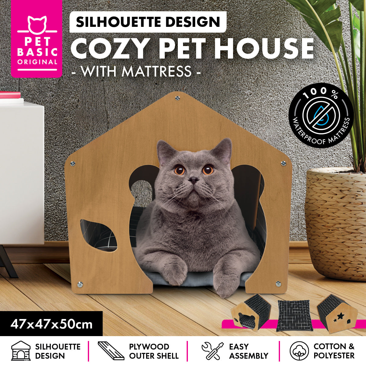 Cozy Cat Silhouette Pet House with Waterproof Mattress - 47cm x 47cm x 50cm