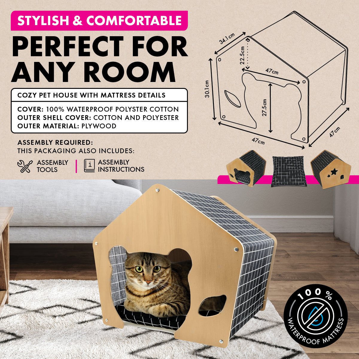 Cozy Cat Silhouette Pet House with Waterproof Mattress - 47cm x 47cm x 50cm