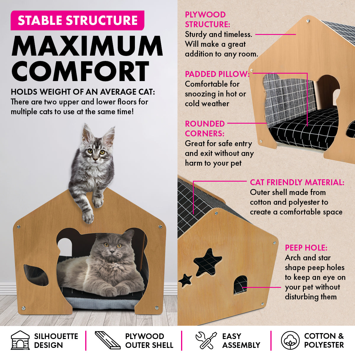 Cozy Cat Silhouette Pet House with Waterproof Mattress - 47cm x 47cm x 50cm