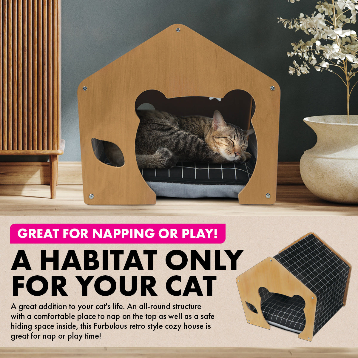 Cozy Cat Silhouette Pet House with Waterproof Mattress - 47cm x 47cm x 50cm