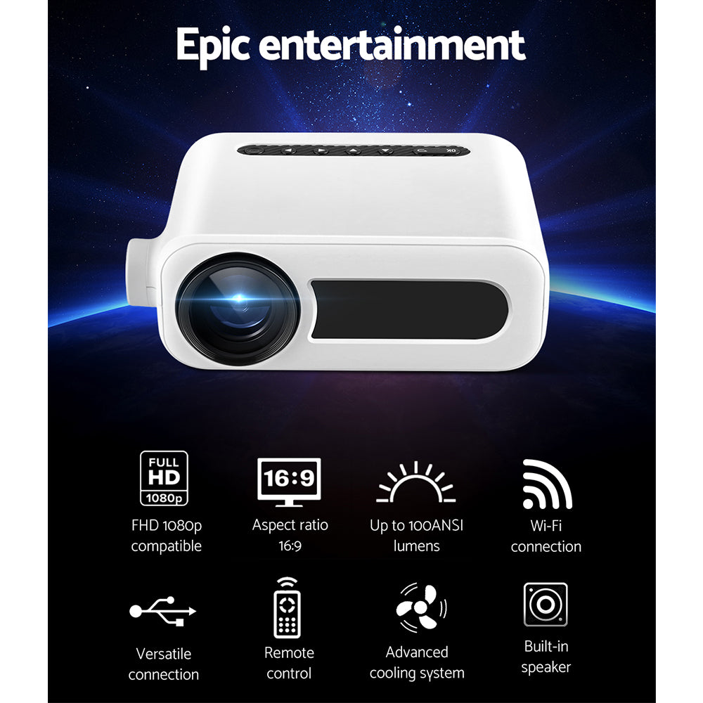 Compact HD 1080P Mini Projector with Wi-Fi, USB & HDMI - Portable Home Cinema Experience