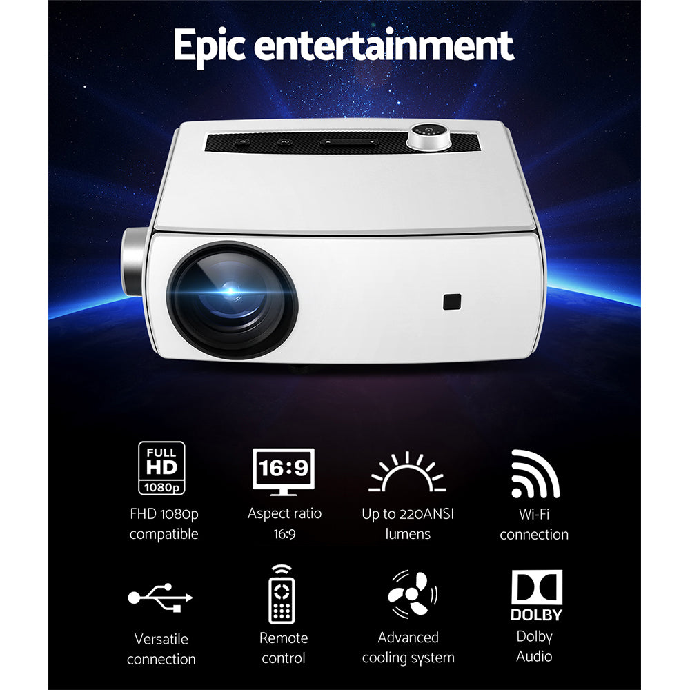 Portable 220 ANSI Lumens Mini Video Projector with Wi-Fi, HDMI & USB - Full HD Home Theater Experience