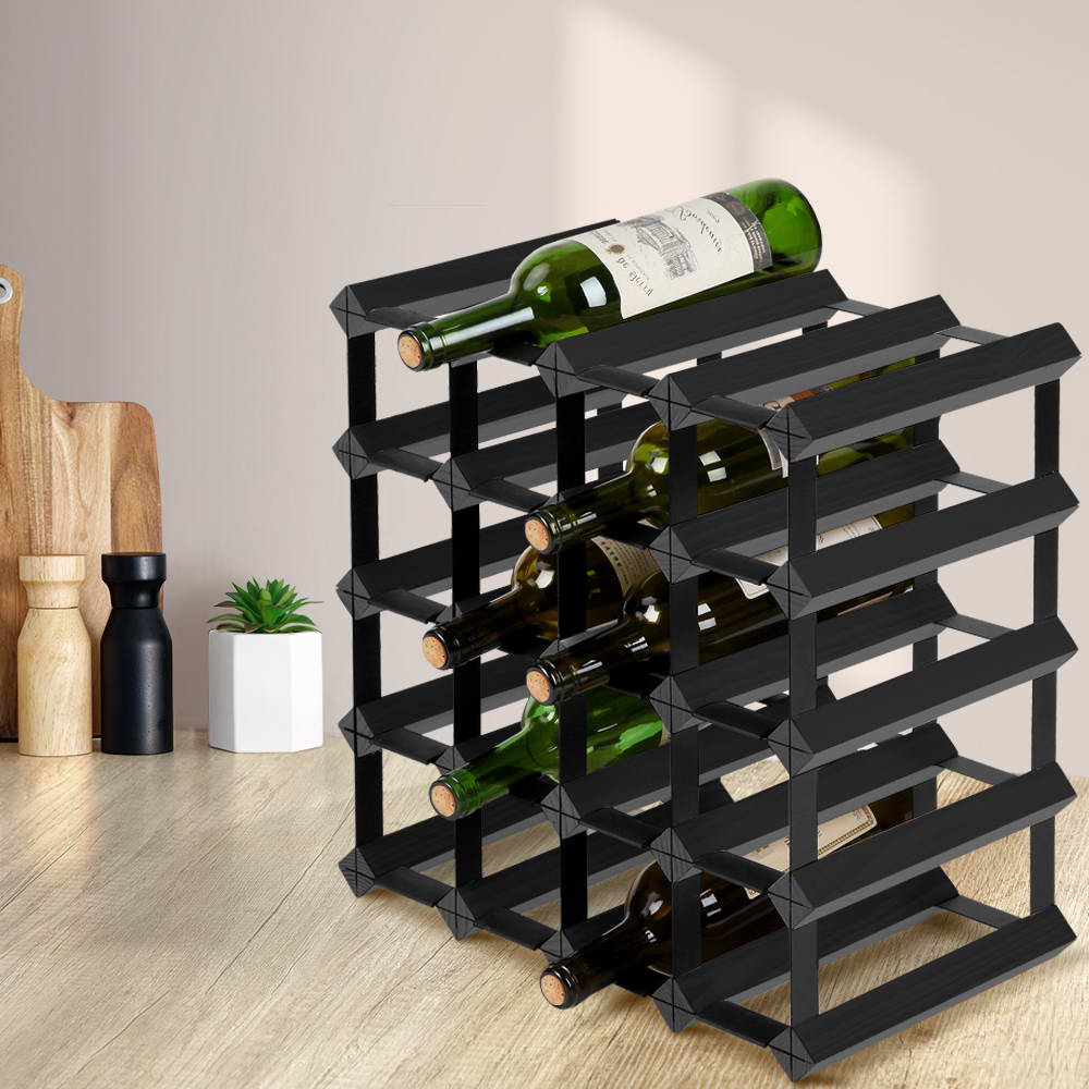 Artiss Black Wooden Wine Rack - 20 Bottle Capacity with Timber Storage Holders