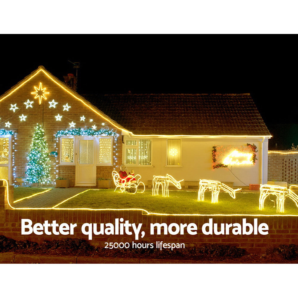 Jingle Jollys 50M Warm White LED Rope Lights with 1200 Lights and 8 Lighting Effects