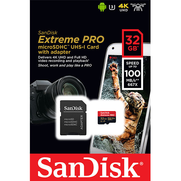 SanDisk Extreme PRO 32GB UHS-I Micro SDHC Card - 100MB/s, A1 V30, 4K UHD Ready