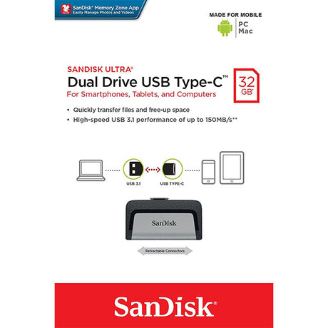 SanDisk Ultra Dual USB Drive 32GB Type-C 3.1 - High-Speed Data Transfer