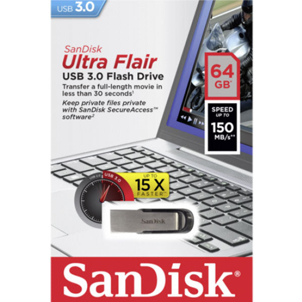 SanDisk Ultra Flair 64GB USB 3.0 Flash Drive - Lightning Fast Transfers Up to 150MB/s