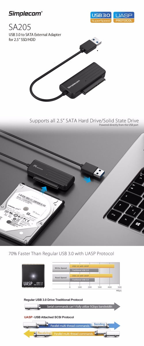 Compact USB 3.0 to SATA Adapter for 2.5" SSD/HDD - Simplecom SA205