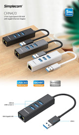 Simplecom CHN420 Aluminium 3-Ports USB Hub with Built-in Gigabit Ethernet Adapter - Black