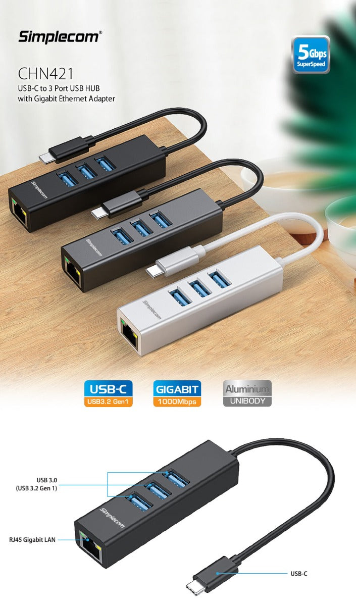 Simplecom CHN421 Aluminium USB-C Hub with 3 USB-A Ports and Gigabit Ethernet Adapter - Silver