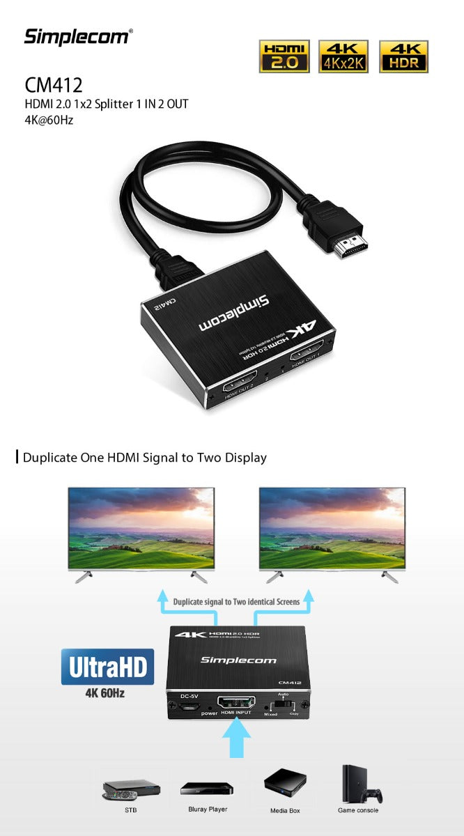 Simplecom CM412 4K HDMI 2.0 1x2 Splitter - Dual Output HDR10 Duplicator for Gaming and Streaming